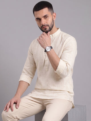Men’s Cream Cotton Striped Short Kurta MAAHI FABS