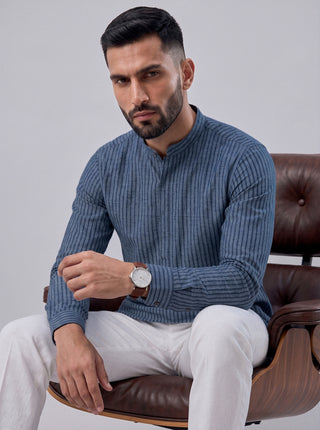 Men’s Navy Blue Printed Cotton Short Kurta MAAHI FABS