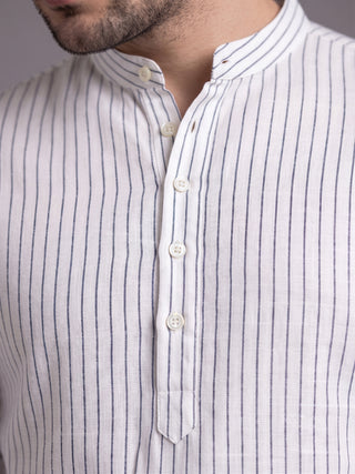 Men’s White Cotton Striped Short Kurta MAAHI FABS