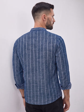 Men’s Navy Blue Cotton Striped Short Kurta MAAHI FABS