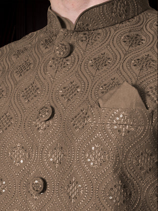 Men's Brown Embroidered Kurta & Jacket Set MAAHI FABS