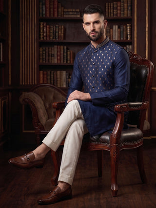 Men's Printed Navy Blue Kurta & Jacket Set MAAHI FABS