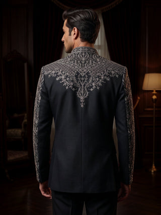 Men's Embroidered Black Indo-Western Sherwani with Pants MAAHI FABS