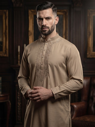 Men's Beige Cotton Embroidered Kurta MAAHI FABS