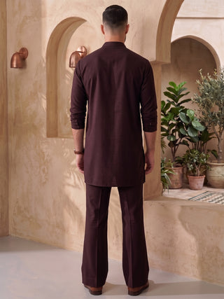 Mens Solid V-slit neckline Wine Kurta with Bootcut Pan MAAHI FABS