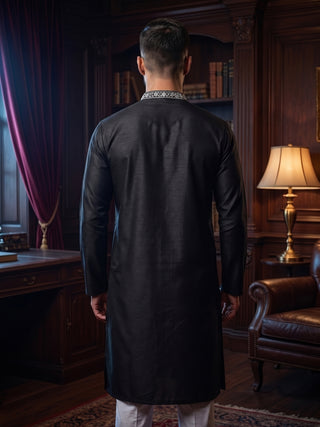Mens Embroidered Cotton Silk Black Kurta MAAHI FABS