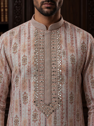 Men’s Peach Mirror Work Embroidered Kurta MAAHI FABS