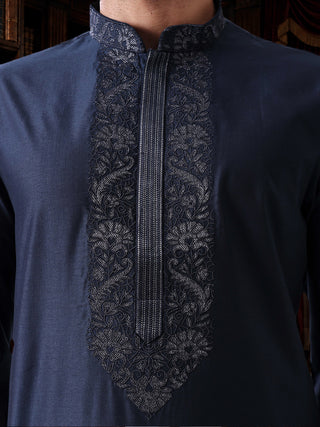 Mens Embroidered Cotton Silk Navy Blue Kurta MAAHI FABS