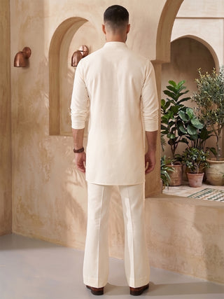 Mens Solid V-slit neckline Cream Kurta with Bootcut Pan MAAHI FABS