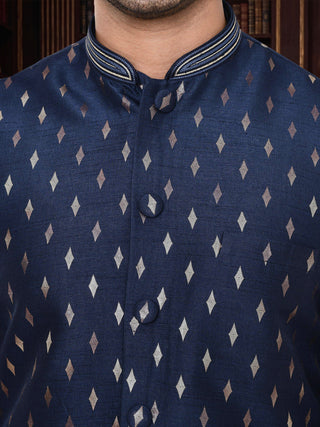 Men's Printed Navy Blue Kurta & Jacket Set MAAHI FABS