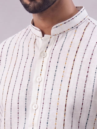 Men’s White Cotton Striped Short Kurta MAAHI FABS