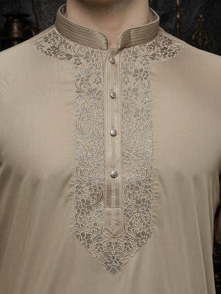 Men's Beige Cotton Embroidered Kurta MAAHI FABS