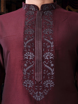 Mens Embroidered Cotton Silk Maroon Kurta MAAHI FABS