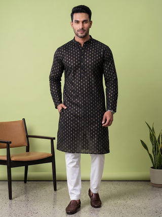 Men's Printed Cotton Black Kurta