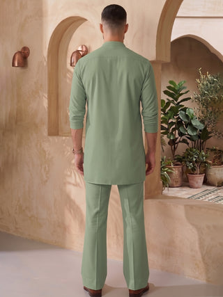 Mens Solid V-slit neckline Green Kurta with Bootcut Pan MAAHI FABS