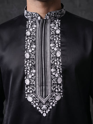 Mens Embroidered Cotton Silk Black Kurta MAAHI FABS