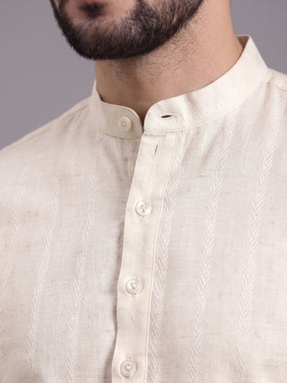 Men’s Cream Cotton Striped Short Kurta MAAHI FABS