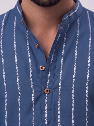 Men’s Navy Blue Cotton Striped Short Kurta MAAHI FABS