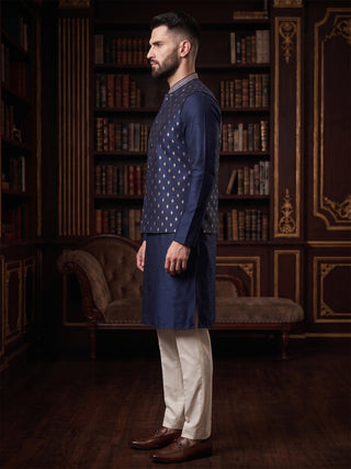 Men's Printed Navy Blue Kurta & Jacket Set MAAHI FABS