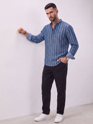 Men’s Navy Blue Cotton Striped Short Kurta MAAHI FABS