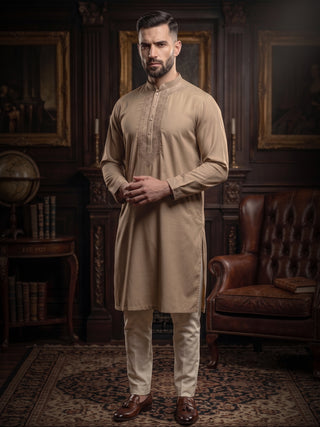 Men's Beige Cotton Embroidered Kurta MAAHI FABS