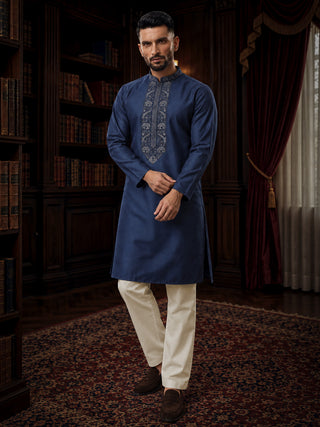 Mens Embroidered Cotton Silk Navy Blue Kurta MAAHI FABS