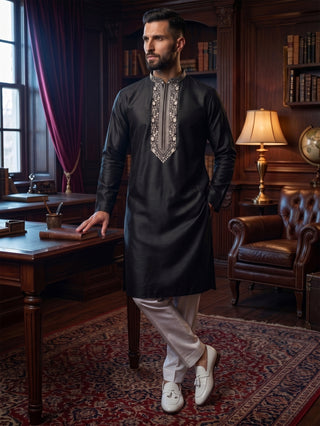 Mens Embroidered Cotton Silk Black Kurta MAAHI FABS