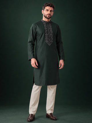 Mens Embroidered Cotton Silk Green Kurta MAAHI FABS