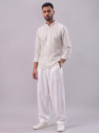 Men’s White Cotton Striped Short Kurta MAAHI FABS
