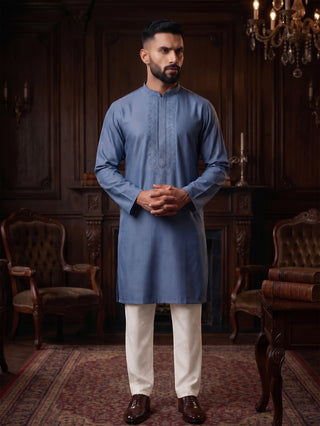 Men’s Steel Blue Embroidered Kurta MAAHI FABS