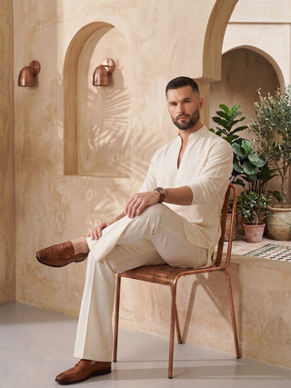 Mens Solid V-slit neckline Cream Kurta with Bootcut Pan MAAHI FABS