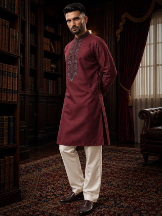 Mens Embroidered Cotton Silk Maroon Kurta MAAHI FABS