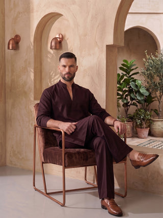 Mens Solid V-slit neckline Wine Kurta with Bootcut Pan MAAHI FABS