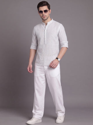 Men’s White Cotton Striped Short Kurta MAAHI FABS
