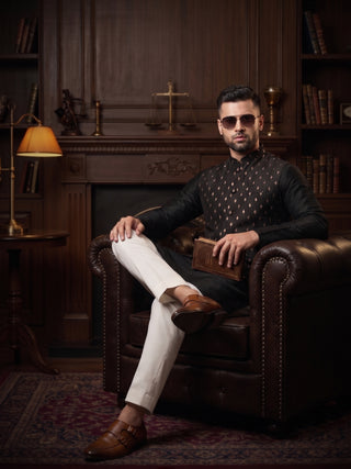 Men's Printed Navy Blue Kurta & Jacket Set MAAHI FABS