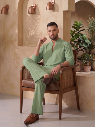 Mens Solid V-slit neckline Green Kurta with Bootcut Pan MAAHI FABS