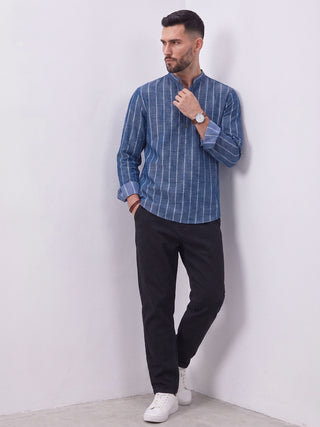 Men’s Navy Blue Cotton Striped Short Kurta MAAHI FABS