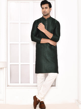 Men's Silk Polka Dotted Green Kurta