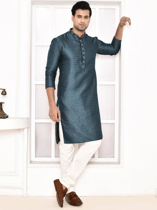 Men's Silk Polka Dotted Torquoise Kurta