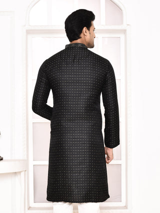 Men's Silk Polka Dotted Black Kurta