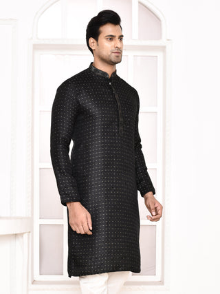 Men's Silk Polka Dotted Black Kurta