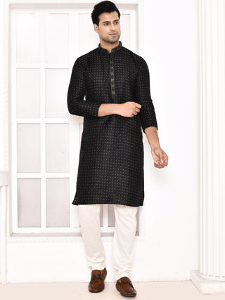 Men's Silk Polka Dotted Black Kurta