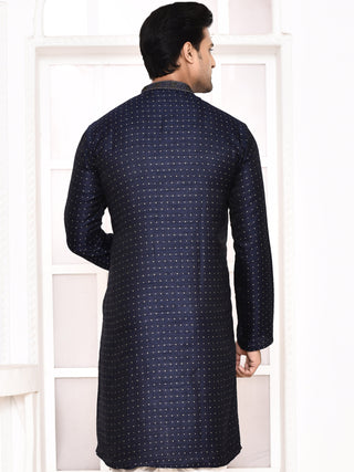 Men's Silk Polka Dotted Navy Blue Kurta