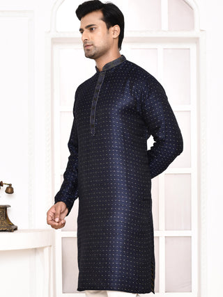 Men's Silk Polka Dotted Navy Blue Kurta