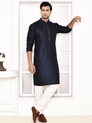 Men's Silk Polka Dotted Navy Blue Kurta