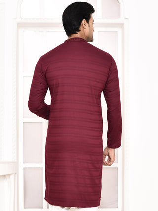 Men's Maroon Sifli Worked Cotton Kurta