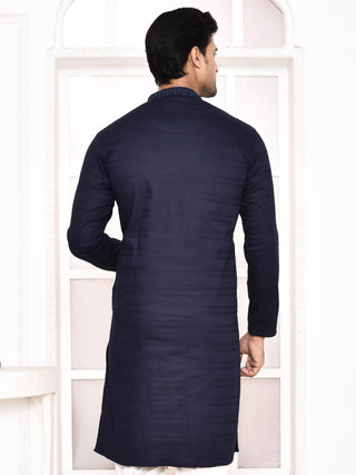 Men's Navy Blue Sifli Worked Cotton Kurta