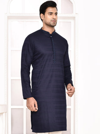 Men's Navy Blue Sifli Worked Cotton Kurta