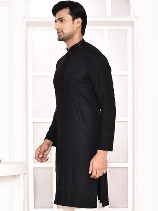 Men's Black Sifli Worked Cotton Kurta