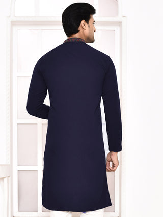 Men's Thread Worked Navy Blue Silk Kurta